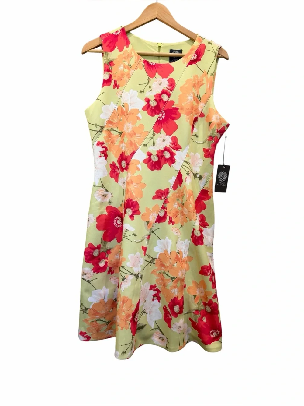 Vince Camuto Scuba Fit Flare Dress Floral Sleeveless Lime Green Orange 12 NWT